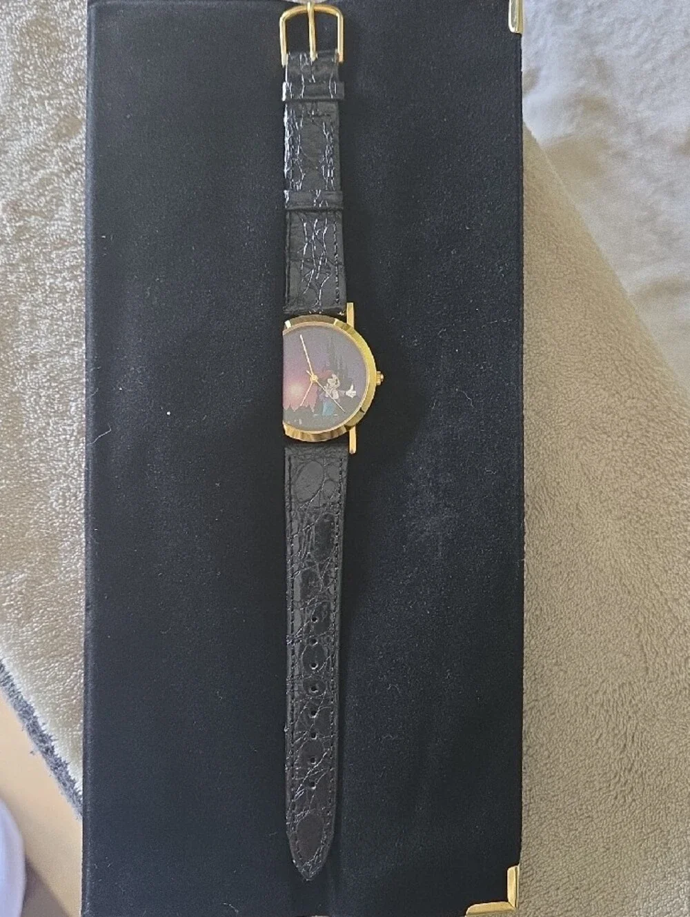 Disney Gold-Tone Case Black Leather Strap Men's Watch